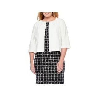 Maya Brooke Pearl Neck Bolero Jacket Womens 16W White 3/4 Sleeve Open Front